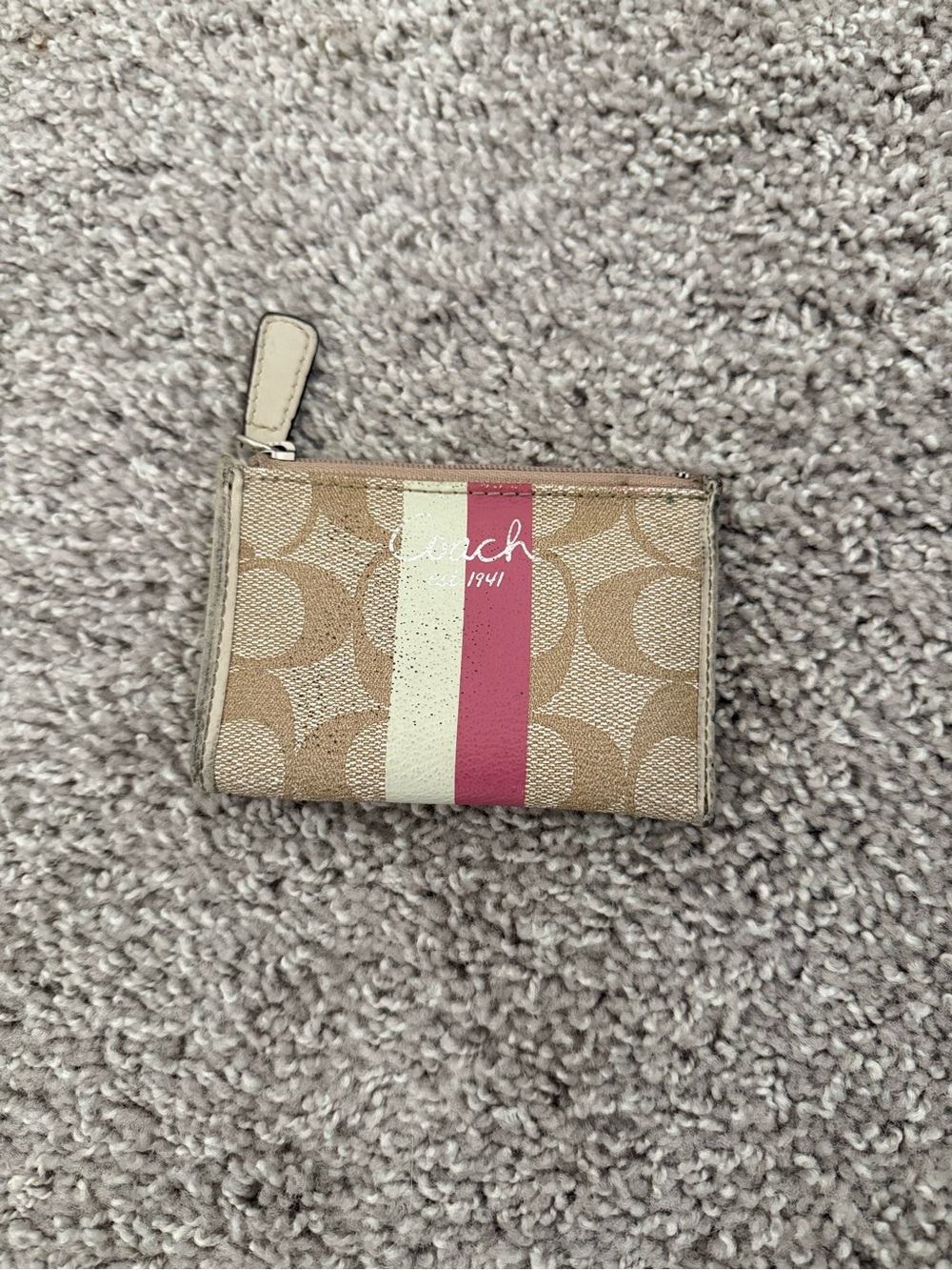 Coach Tan Signature Canvas Card Pouch with Pink and Cream Stripe